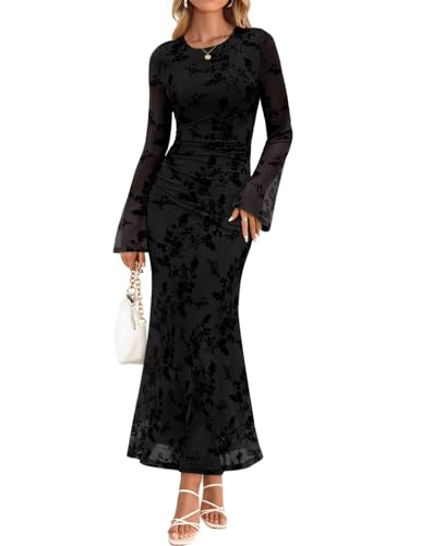 ZESICA Womens Long Sleeve Floral Fall Bodycon Ruched Mesh Maxi Formal Dress
