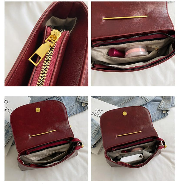 Women's Safety Pin Leather Crossbody Clutch with Gold Handles & Chain