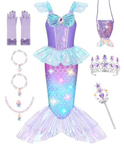 Meland Light Up Mermaid Costume for Girls Ages 3-10, Dress Up Toy Gift Set