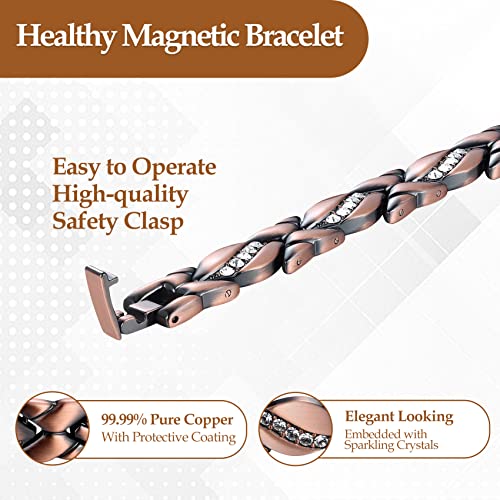 Pure Copper Bracelets for Women,Ultra Magnetic Bracelets for Women with 3500 Gauss Magnets,Crystal Valentine's Day Jewelry Gift, Sizing Tool