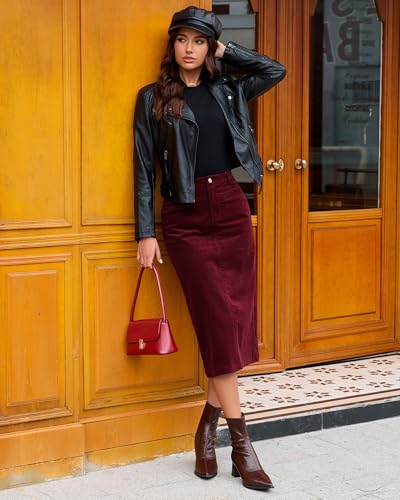 luvamia Corduroy Skirts for Women Midi Length High Waisted Trendy Fall Elastic Waist Casual Stretchy Welt Pockets Skirt
