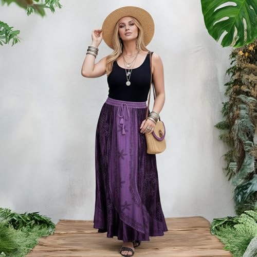 Agan Summer Long Skirts for Women, Boho Embroidered Rayon Velvet Maxi Skirt