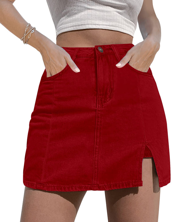 luvamia Jean Skort Women High Waisted Stretchy Denim Mini Skirt Side Slit