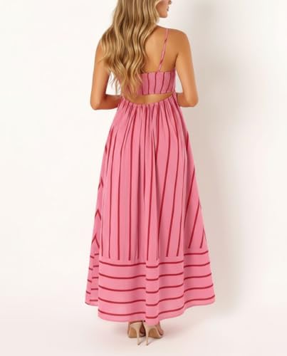 chouyatou Women's Striped Back Smocked Maxi Dress Sexy Spaghetti Strap Cut Out Flowy Swing Long Dress