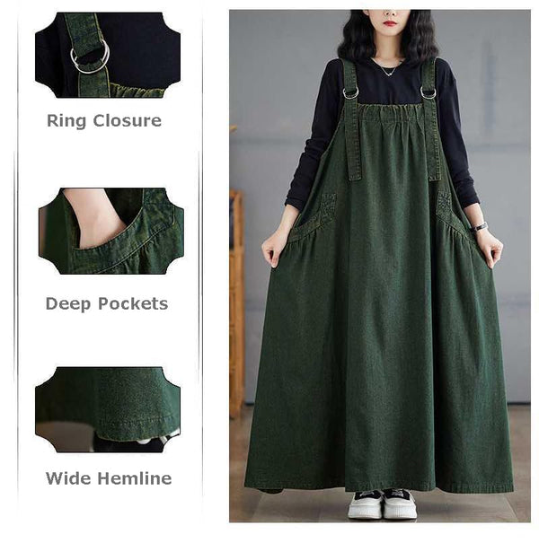Boho Jumper Dress for Women Loose Overall Pinafore Dresses Adjustable Straps Wide Hemline with Pockets Baggy Style