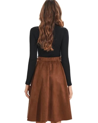 DIASHINY Faux Suede Knee Length Skirt for Women High Waist Flared Stretch A Line Midi Skater Skirts