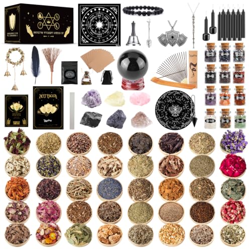 Wiccan Supplies and Tools for Protection, 130Pack Witchcraft Supplies Witchy Gift for Beginners, Dried Herbs, Crystals, Candles, Witch Starter Spell Kit