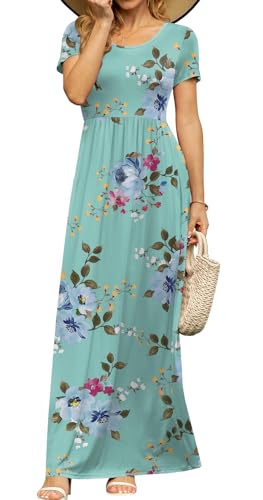 DB MOON Women's Summer Maxi Dress Casual Short Sleeve Empire Waist Pockets