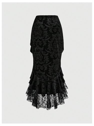 Verdusa Women's Goth Gothic Lace Fishtail Skirts Ruffle Vampire Bodycon Long Skirt