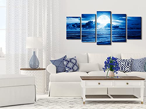 Blue Clouds 5-Piece Canvas Wall Art — Moon Sea Beach Landscape (Modern Art Deco)