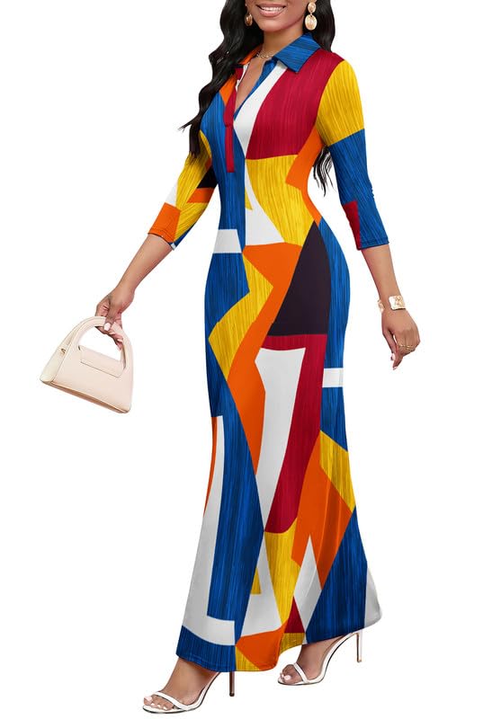 Maxi Dress for Women Casual V Neck 3/4 Sleeve Bodycon Long Party Holiday Dresses Semi Formal Outfits Main image