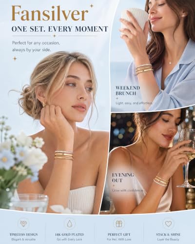 14K Gold Bracelets for Women Trendy Bangle Cuff Tennis Bracelets Set