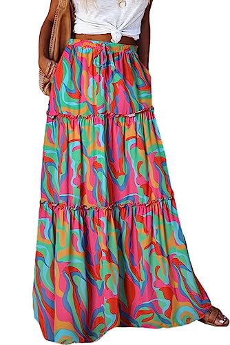 EARKOHA Womens Boho Maxi Skirt 2026 Summer Cruise Casual High Waist Tie Flowy Long Skirt with Pockets For Beach Vacation