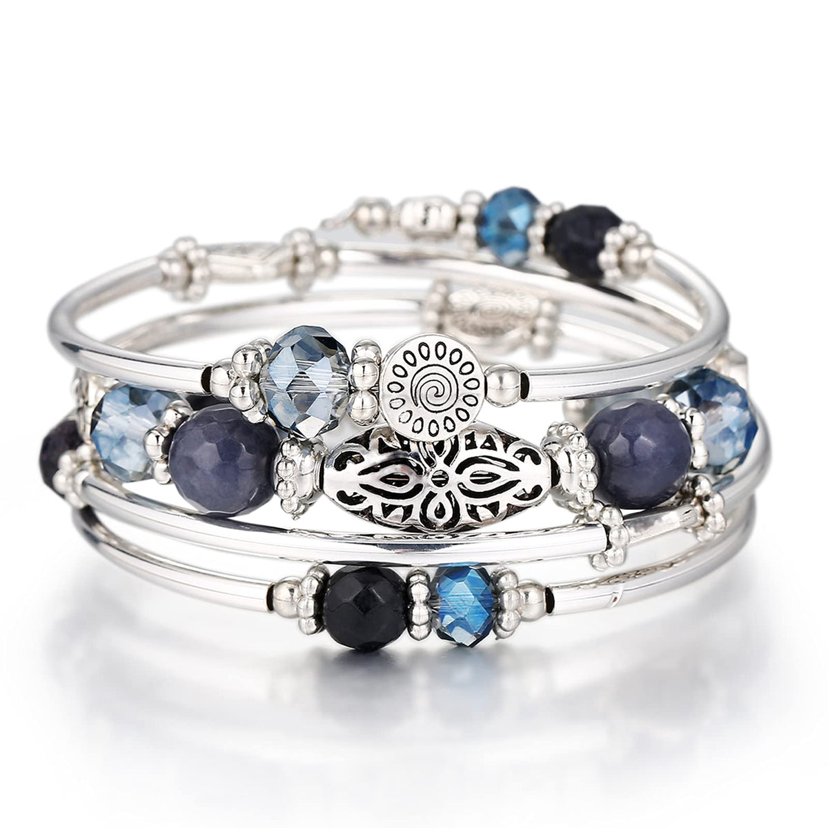 Stackable Beaded Bracelets for Women Boho Wrap Silver Bracelet Layered Fashion Jewelry Gifts for Her