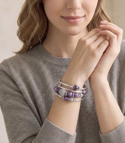 PEARL&CLUB Beaded Chakra Bangle Turquoise Bracelet - Fashion Jewelry Wrap Bracelet with Thick Silver Metal and Mala Beads, Birthday Gifts For Women