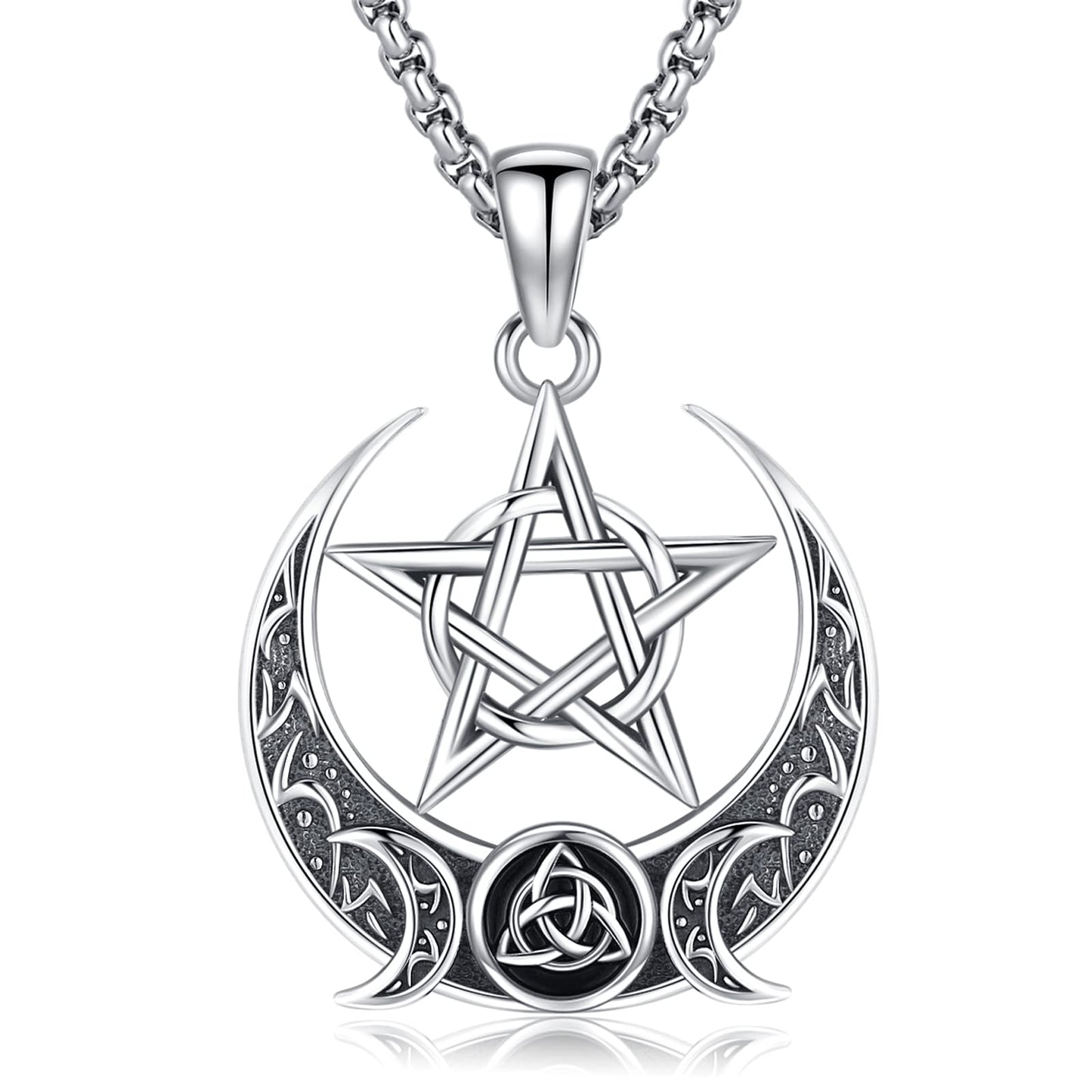 Sterling Silver Pentagram Necklace Triple Moon Tetragrammaton