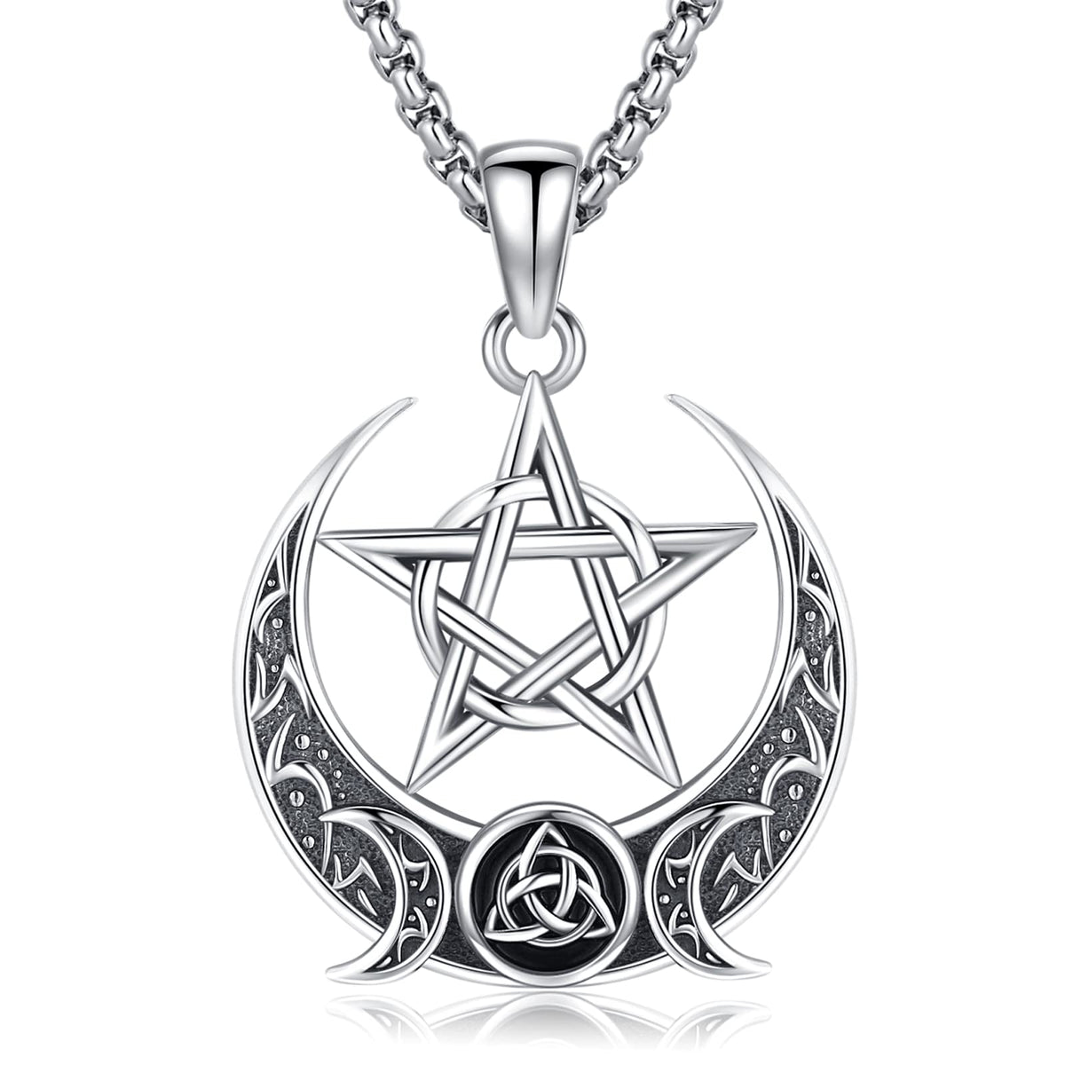Sterling Silver Pentagram Necklace Triple Moon Tetragrammaton