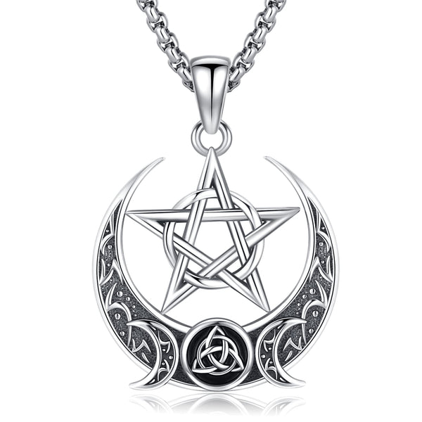 Sterling Silver Pentagram Necklace Triple Moon Tetragrammaton