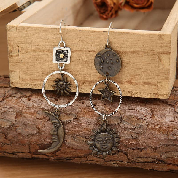 Vintage Sun Moon Star Asymmetric Drop Earrings