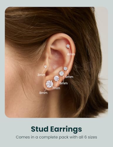 6 Pairs Stud Earrings Set, Hypoallergenic Cubic Zirconia 316L Earrings Stainless Steel CZ Earrings 3-8mm (Steel color) Secondary image