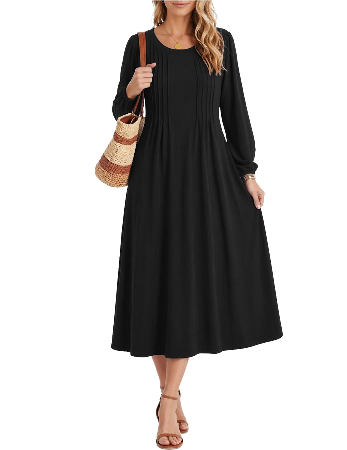 Zeagoo Fall Dresses for Women Long Sleeve Midi Dress Casual A Line Dresses 2026 Pleated Flare Dress with Pockets