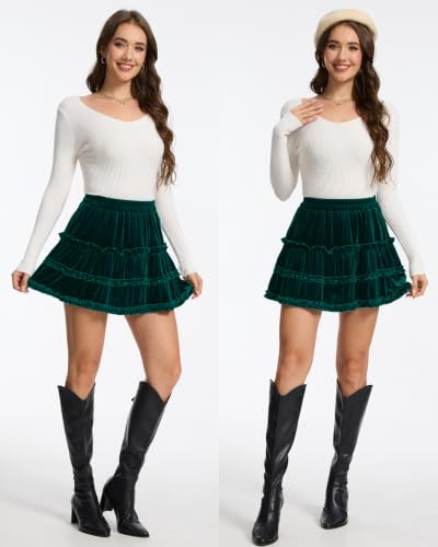 HERBATOMIA Women’s Velvet Mini Tiered Skater Skirts for Women with Pockets