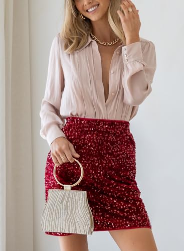 Happy Sailed Women’s Sequin Skirt Sparkly Stretchy Velvet High Waisted A-Line Glitter Mini Skirts for Night Out Party