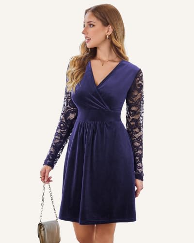 AUSELILY Velvet Dress for Women V Neck Lace Sleeve Wrap Dress Secondary image