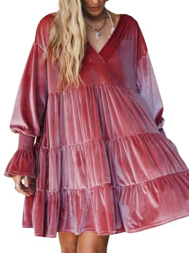 Fisoew Womens Velvet Tunic Dress Long Puff Sleeve Tiered Ruffle Dresses Main image