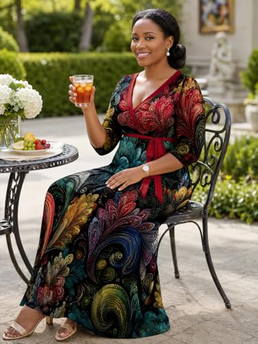 PinkPatty Women's Plus Size V Neck 3/4 Sleeve Boho Maxi Dress with Pockets