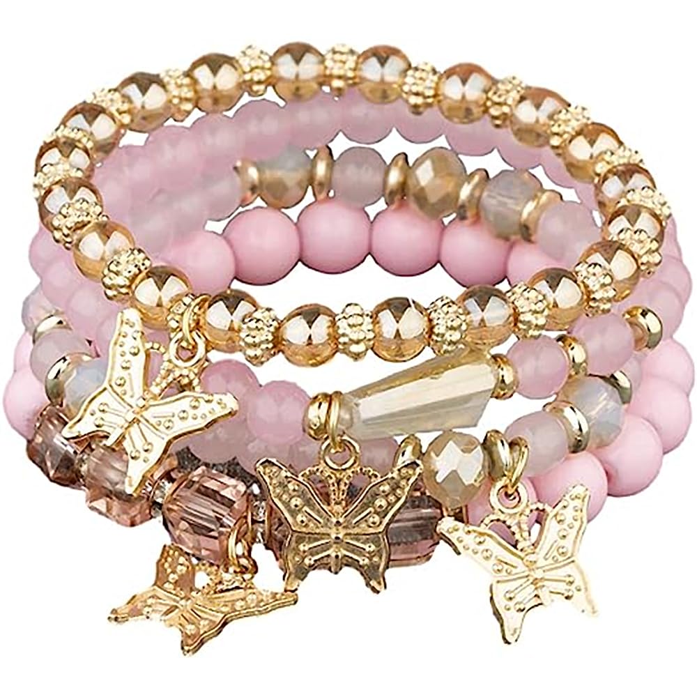 4 Pcs Cute Butterfly Charm Bracelets Set Gold Beaded Stackable Stretch Bracelets Bohemian Summer Jewelry Gifts for Women