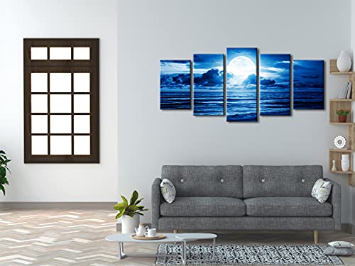 Blue Clouds 5-Piece Canvas Wall Art — Moon Sea Beach Landscape (Modern Art Deco)