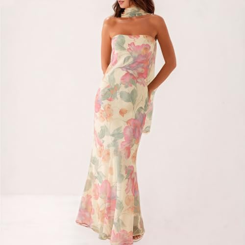 Women Floral Tube Maxi Dress with Scarf Summer Strapless Tube Bodycon Mesh Layer Cocktail Party Wedding Guest Dress