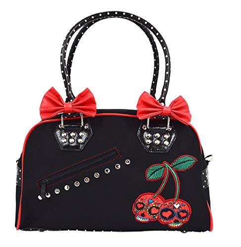 Cherry Bomb Skull Cherries Polka Dot Bow Handbag Rockabilly Black Red