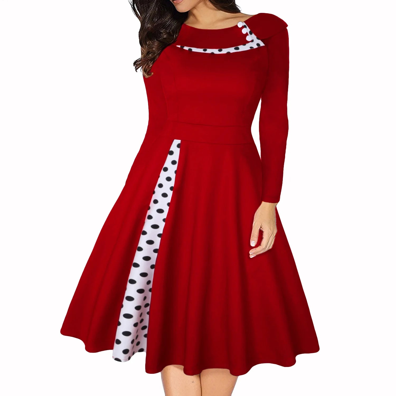 Dress Rockabilly Polka Dot Print Sexy Patchwork Long Sleeve High Waist Swing Casual Party Midi Vestidos Robe Secondary image