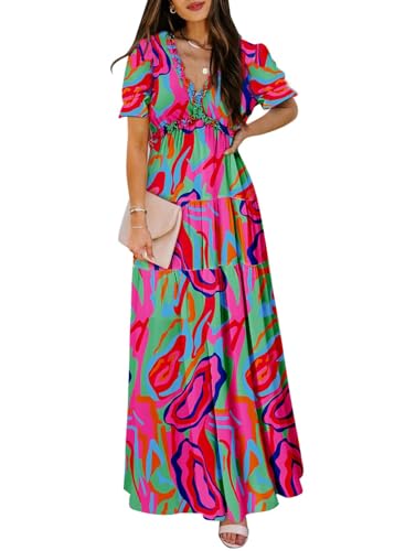 BLENCOT Womens Casual Boho Floral Printed V Neck Short Sleeve Long Evening Dress Ruched Cocktail Party Maxi Wedding Dress