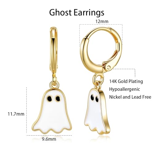 Halloween Ghost Earrings for Women – Spooky Cute 14K Gold Plated Hoop Dangle Jewelry, Fun Halloween Accessories Gifts