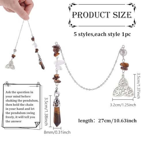 GOMAKERER 5 Pcs Natural Gemstones Pendulum, 5 Styles Crystal Dowsing Pendulum Reki Gemstone Chips Pendulum for Women Man Divination Wicca Meditation