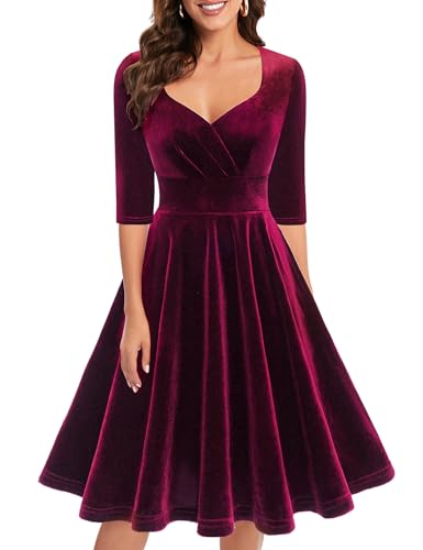 Bbonlinedress Womens Velvet Long Sleeve Formal Wedding Guest Vintage Cocktail Holiday Party Midi Dress