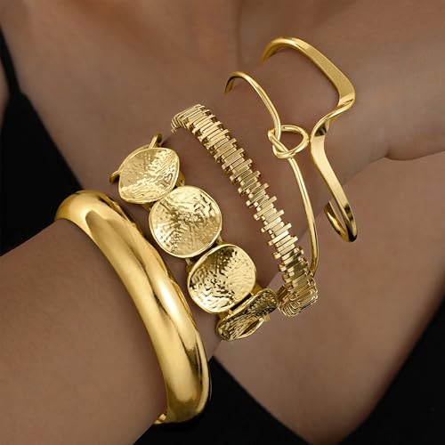 Gold Bangle Bracelets for Women, Dainty Knot 14K Gold Plated Multi Layer Bangle Cuffs, Personalized Boho Chunky Bracelets for Women Jewelrys Set Gifts