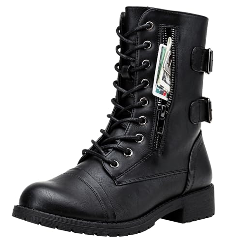 Women's Lace Up Mid Calf Combat Boots with Functional Pocket