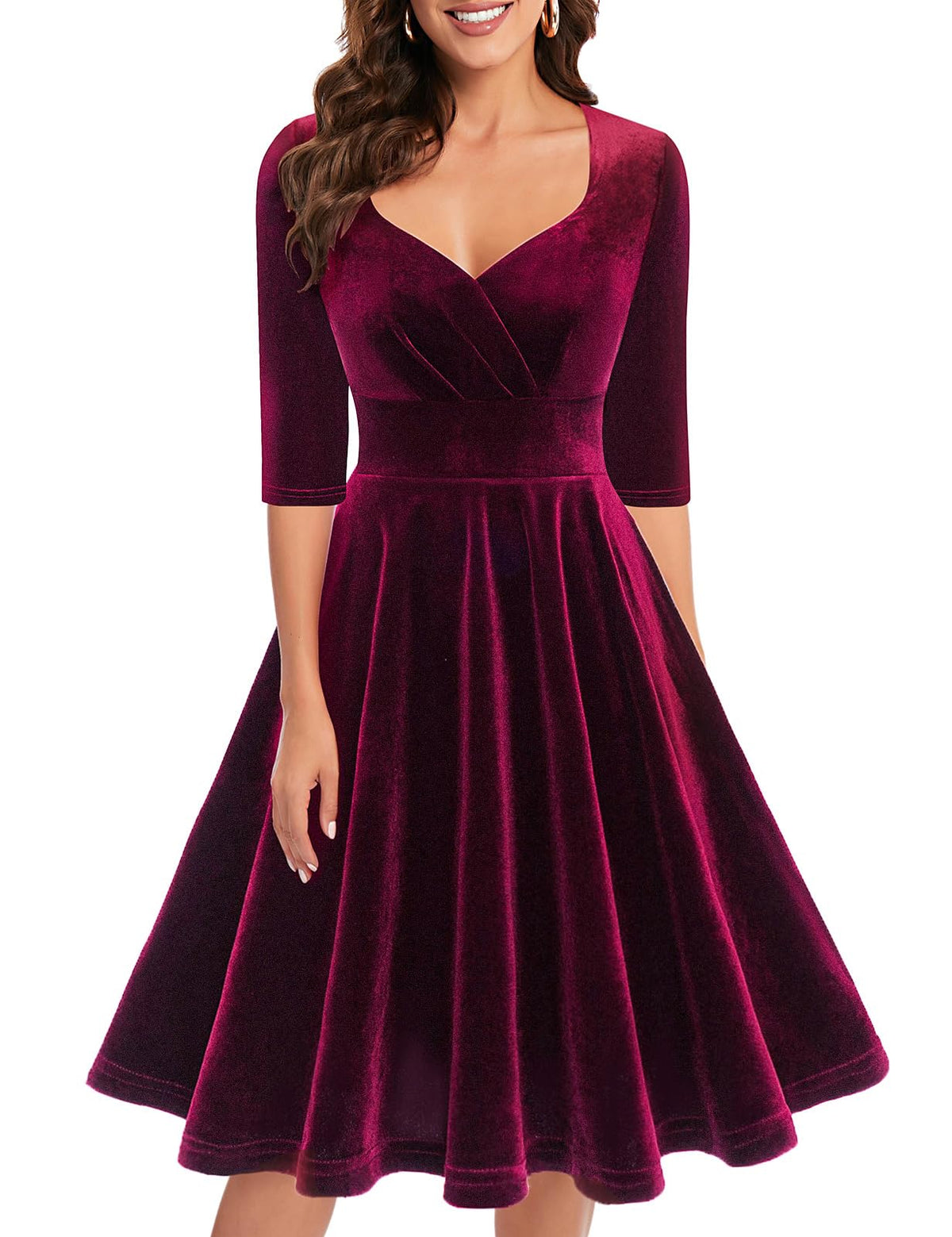 Bbonlinedress Womens Velvet Long Sleeve Formal Wedding Guest Vintage Cocktail Holiday Party Midi Dress