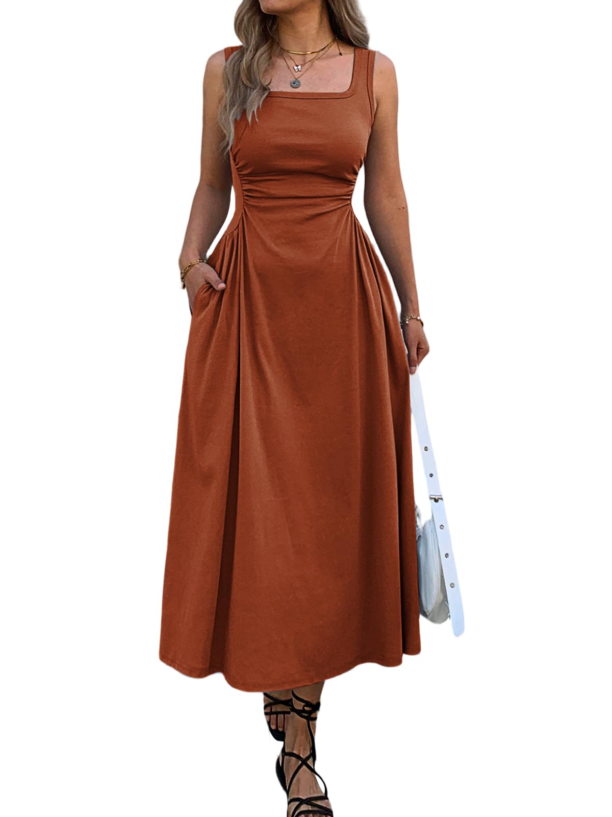 Mieazom Women's Square Neck Sleeveless Slim-Fit Maxi Dress Ruched Waist Corset Flowy Casual Summer Dresses with Pockets