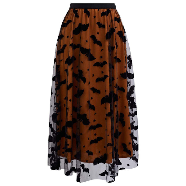 CHICWISH Women's Pumpkin Tulle Tutu Skirt Velvet Bats Elastic Waist Halloween Party Layered Mesh Midi Skirt Halloween Costume