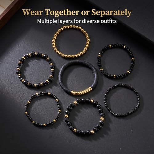 Bohemian Stackable Beaded Bracelets for Women, Multilayer Stretch Bead Bracelet Set, Vintage Boho Stacking Bracelets, Bohemian Jewelry Gifts for Women (Black)