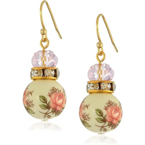 1928 Jewelry Pink Floral Decal Beaded Drop Earrings Main image