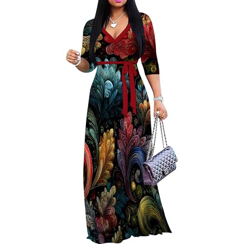 PinkPatty Women's Plus Size V Neck 3/4 Sleeve Boho Maxi Dress with Pockets