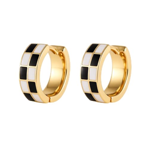 Checker Cartilage Hoops Teacher Earrings for Women White Black Enamel Gold