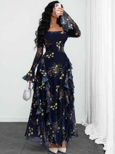 GothDark Women's Floral Dress Long Sleeve Square Neck Ruffle Party Outfit