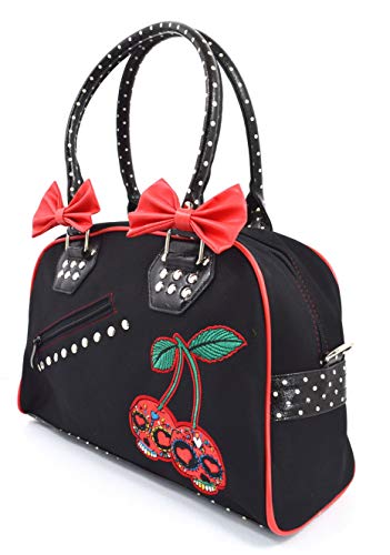 Cherry Bomb Skull Cherries Polka Dot Bow Handbag Rockabilly Black Red